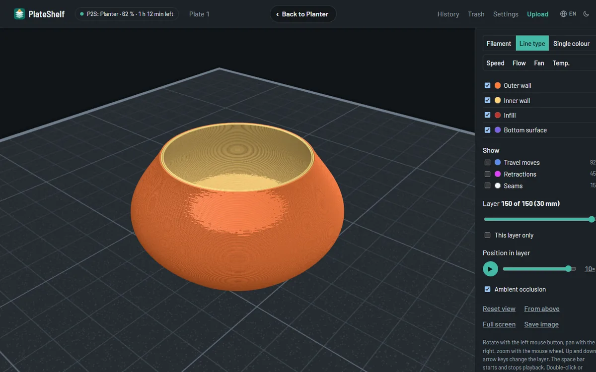 PlateShelf showing the 3D preview of a printed planter's toolpaths